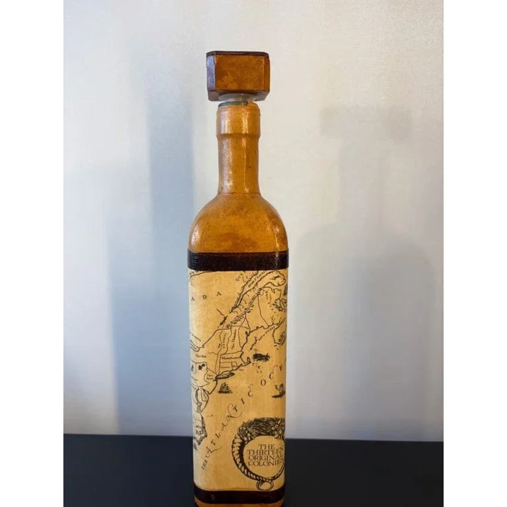 Italian Leather Decanter Tall Slim Map Panel Wax Seal Design Bottle